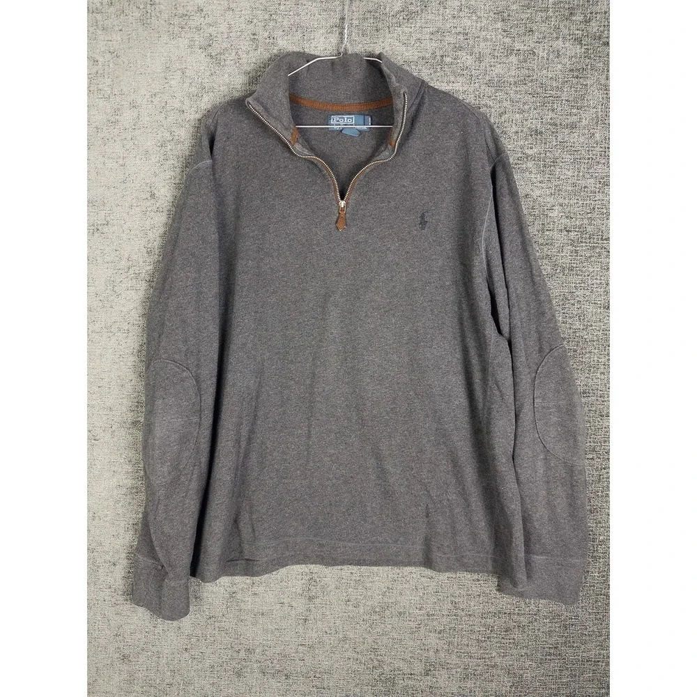 VTG Polo Ralph Lauren Pullover Mens Heather Gray Q‎ Zip Classic Pony Elbow Patch